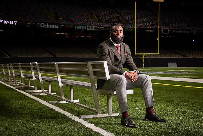 New Orleans Saints linebacker Demario Davis poses for a portrait at the Mercedes-Benz Superdome in New Orleans, Louisiana on December 11, 2019. Davis received an MBA from Indiana University's Kelley School of Business, which partners with the NFL Players Association.