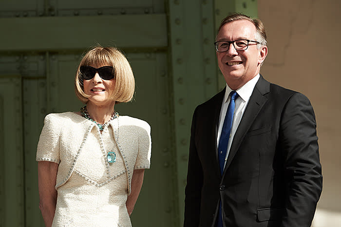 Anna Wintour of US Vogue and Chanel's president of fashion, Bruno Pavlovsky at the Lagerfield memorial