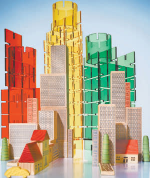 Cityscape, photographed by Louisa Parry, made of PlayPlax and Muji’s City in a Bag