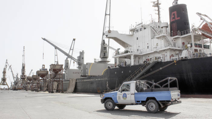A picture taken on May 14, 2019, shows a general view of the Hodeida port in the Yemeni port city, around 230 kilometres west of the capital Sanaa. - Yemen's Huthi rebels have handed over security of key Red Sea ports to the "coastguard" but much work remains to remove military equipment, the UN said. (Photo by - / AFP) (Photo credit should read -/AFP/Getty Images)