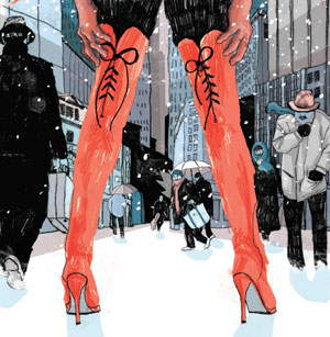 people walking in the snow, as seen between the legs with high red boots on