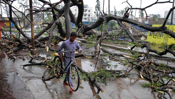 An Indian man with his bicycle makes his way through uprooted trees fallen during Cyclone Phailin on a road in Berhampur, India, Sunday, October 13 2013