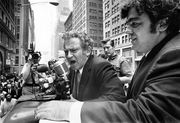 Norman Mailer campaigns for mayor of New York in the garment district with Jimmy Breslin (right), June 1969