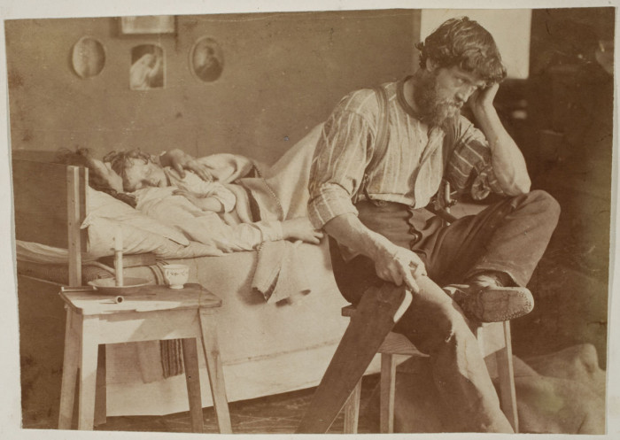 Oscar Gustaf Rejlander British, born in Sweden, 1813–1875 Hard Times (The Lament of an Unemployed Worker), 1860 Albumen Silver print Image: 13.8 x 19.7 cm (5 7/16 x 7 3/4 in.) George Eastman Museum purchase photo: Courtesy of the George Eastman Museum EX. 2019.5.109
