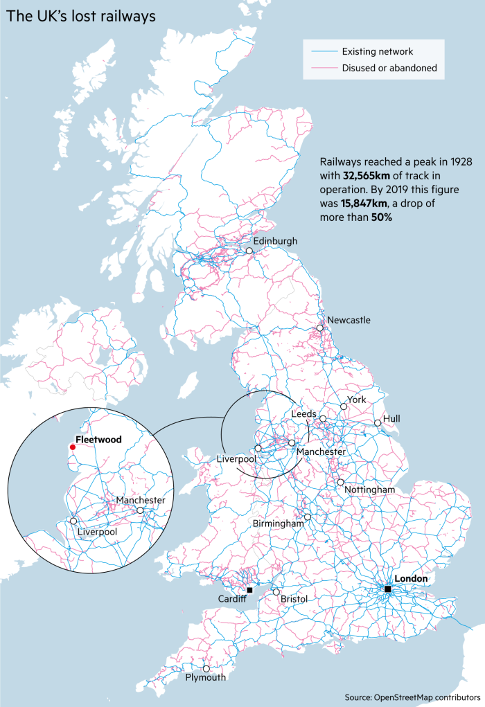 Map showing UK's existing rail network and abandoned or disused railways. Railways reached a peak in 1928 with 32,565km of track in operation. By 2019 this figure was 15,847km, a drop of more than 50%