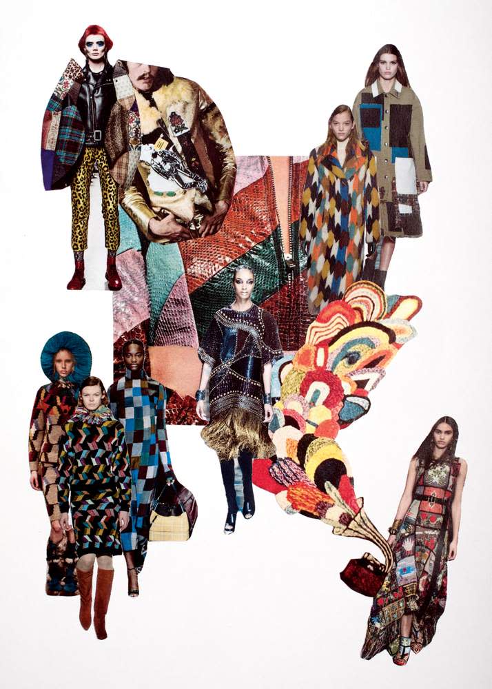 Patchwork
‘I think one of the reasons that collage is becoming more popular is that it makes an emotional connection. It’s the same with patchwork, or embroidery, as seen at Alexander McQueen [bottom right] and Balmain [centre]. These techniques have more resonance in the digital age when it’s harder to appreciate the time that might go into something. This season the Missoni and Loewe patchworks [bottom left] were especially strong, and graphic, so they really compliment each other when seen together.’ SR