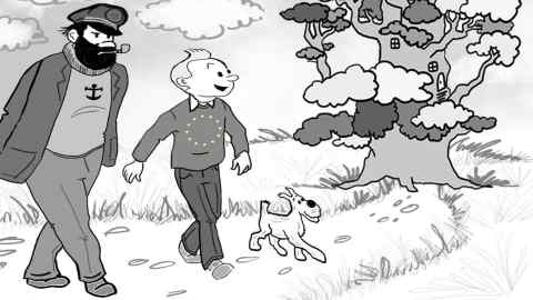 The cartoon is set in the countryside and shows Tintin, Captain Haddock and the dog, Snowy, approaching the Magic Faraway Tree. Haddock has an EU flag on his cap. Tintin has an EU flag on his T-shirt. Tintin is speaking: 'Look, Captain - the Magic Faraway Tree. I truly believe we shall find the legendary British backstop hidden in the Land of Cakes at the top.'