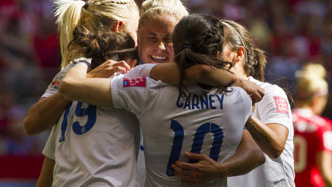 VANCOUVER, BC - JUNE 27: Steph Houghton #5 of England celebrates with teammates after Lucy Bronze #12 scored against Canada during the FIFA Women's World Cup Canada 2015 Quarter Final match between the England and Canada June 27, 2015 at BC Place Stadium in Vancouver, British Columbia, Canada.  (Photo by Ben Nelms/Getty Images)