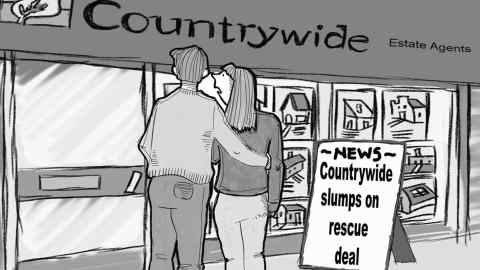 Millennial aged man and woman looking in the window at houses for sale in Countrywide. Newspaper placard nearby: Countrywide slumps on rescue deal Woman is saying wistfully: 'If only their houses were as cheap as their shares.'