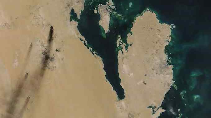 TOPSHOT - A satellite image provided by NASA Worldview on September 14, 2019, shows fires following drone strikes on two major oil installation owned by the state giant Aramco, in eastern Saudi Arabia, and claimed by the Tehran-backed Huthi rebels in neighbouring Yemen, where a Saudi-led coalition is bogged down in a five-year war. - Saudi Arabia raced on September 15, 2019 to restart operations at oil plants hit by drone attacks which slashed its production by half, as Iran dismissed US claims it was behind the assault. The peninsula in the image is Qatar and the island (top) is Bahrain. (Photo by Handout / NASA Worldview / AFP) / RESTRICTED TO EDITORIAL USE - MANDATORY CREDIT "AFP PHOTO / NASA Worldview " - NO MARKETING - NO ADVERTISING CAMPAIGNS - DISTRIBUTED AS A SERVICE TO CLIENTSHANDOUT/AFP/Getty Images