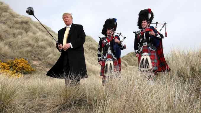 Trump flies in to discuss luxury resort...Donald Trump swings a golf club on the Menie Estate, where his controversial luxury golf resort will be built. The coastal resort in Balmedie, Aberdeenshire, will have two golf courses, a 450-bedroom hotel, 950 holiday apartments and 500 residential homes. PRESS ASSOCIATION Photo. Picture date: Thursday May 27, 2010. See PA story ENVIRONMENT Trump. Photo credit should read: Andrew Milligan/PA Wire