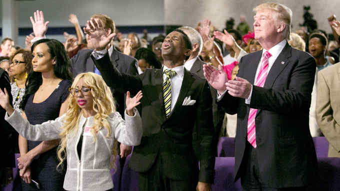Donald Trump, the Republican presidential nominee, right, during his visit to the Great Faith Ministries International in Detroit, Sept. 3, 2016. Trump, who has campaigned for president as a blunt provocateur, took an uncharacteristic step on Saturday by visiting a black church for the first time and tried respectfully to blend in. (Sam Hodgson/The New York Times)
Credit: New York Times / Redux / eyevine

For further information please contact eyevine
tel: +44 (0) 20 8709 8709
e-mail: info@eyevine.com
www.eyevine.com