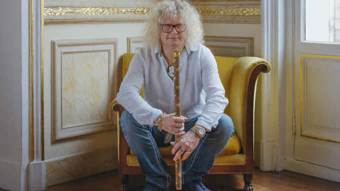 Pierre-Jean Chalençon photographed for The FT, at home in Paris - August 2018 - Alex Cretey Systermans CORONATION BATON Baton of wood, silver gilt, gilded bronze and silk, which Duverdier, the master of the heralds at arms, with his sword, used to proclaim Napoleon emperor during the enthronement at the end of his coronation in the cathedral of Notre Dame in Paris.