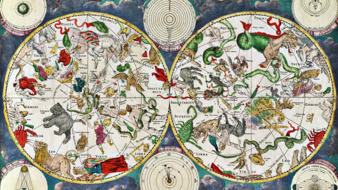 Celestial map of the 17th century, by the Dutch cartographer Frederik de Wit. Star groups and astrological and zodiac signs are shown. (Photo by: Universal History Archive/Universal Images Group via Getty Images)