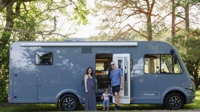Simon Usborne and family in Glamper in the New Forest ( Black Knoll caravan club site ) photographed for the FT by Harry Mitchell