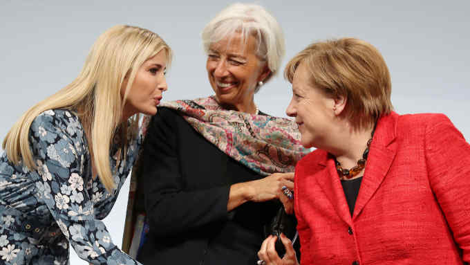 BERLIN, GERMANY - APRIL 25:  Ivanka Trump, daughter of U.S. President Donald Trump, International Monetary Fund (IMF) Managing Director Christine Lagarde and German Chancellor Angela Merkel talk on stage at the W20 conference on April 25, 2017 in Berlin, Germany. The conference, part of a series of events in connection with Germany's leadership of the G20 group of nations this year, focuses on women's empowerment, especially through entrepreneurship and the digital economy.  (Photo by Sean Gallup/Getty Images)