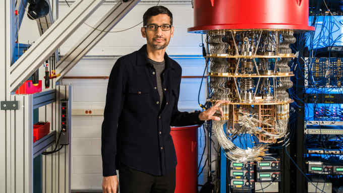 CEO Sundar Pichai of Google with the quantum computer, called Sycamore. Google Quantum Supremacy. photos Courtesy of Google