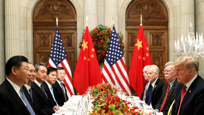 U.S. President Donald Trump, U.S. Secretary of State Mike Pompeo, U.S. President Donald Trump's national security adviser John Bolton and Chinese President Xi Jinping attend a working dinner after the G20 leaders summit in Buenos Aires, Argentina December 1, 2018. REUTERS/Kevin Lamarque - RC1822581500