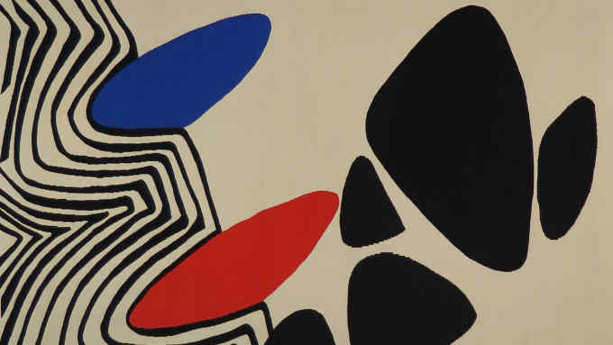 'Blue and Red Nails’ 
Rare Tapestry by Alexander Calder 
Hand woven wool with signature and Pinton tapestry mark lower right  Edition Nº 6 of 6 
Tapisserie d'Aubusson label attached to the reverse, executed by Ateliers Pinton,  
France c 1975 
Dimensions including frame: 
Height: 170cm  Length: 240cm 
Courtesy of Portuondo Gallery London
