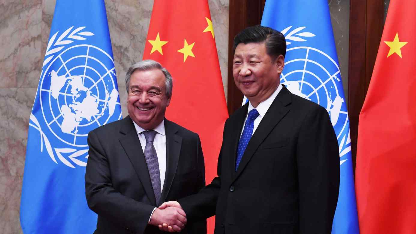 U.N. Secretary-General Antonio Guterres with Chinese President Xi Jinping in Beijing this April. China will become the second-biggest contributor to the international body.