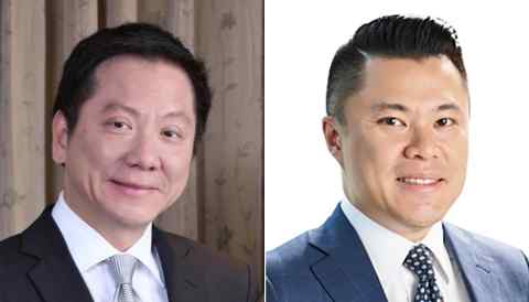 Alliance Global Group former CEO Andrew Tan, left, and new CEO Kevin Tan.