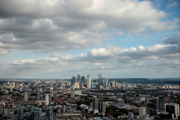 Skyline view of Canary Wharf and the City of London