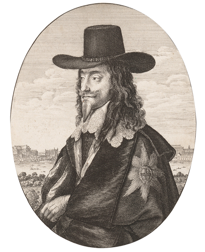 Half-length portrait of King Charles I facing to the left within an oval. He has long hair, a moustache and beard, and wears a wide-brimmed hat, a lace collar and a cloak emblazoned on the left shoulder with the star of the Order of Garter.