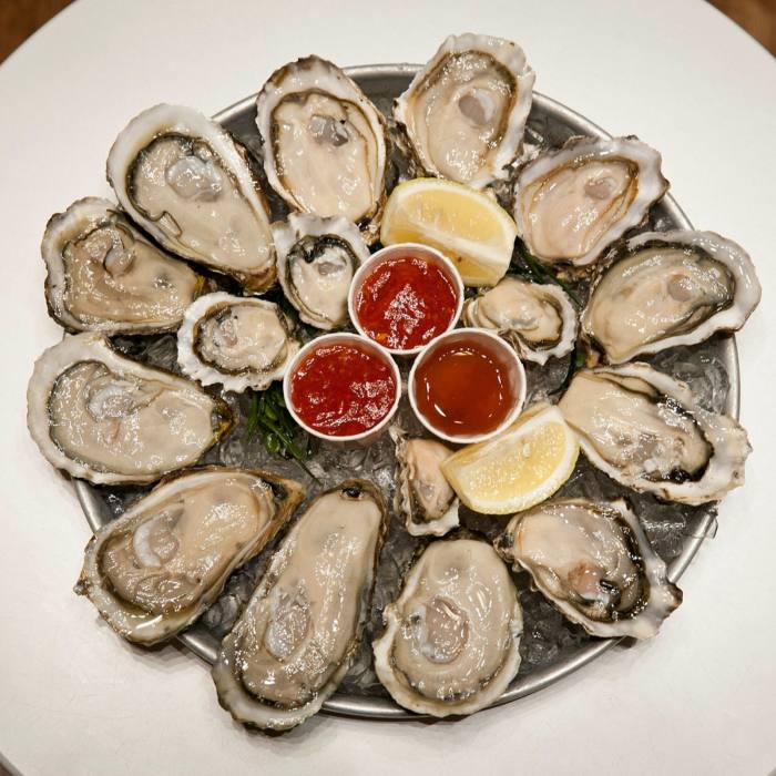 A dozen oysters on a bed of ice 