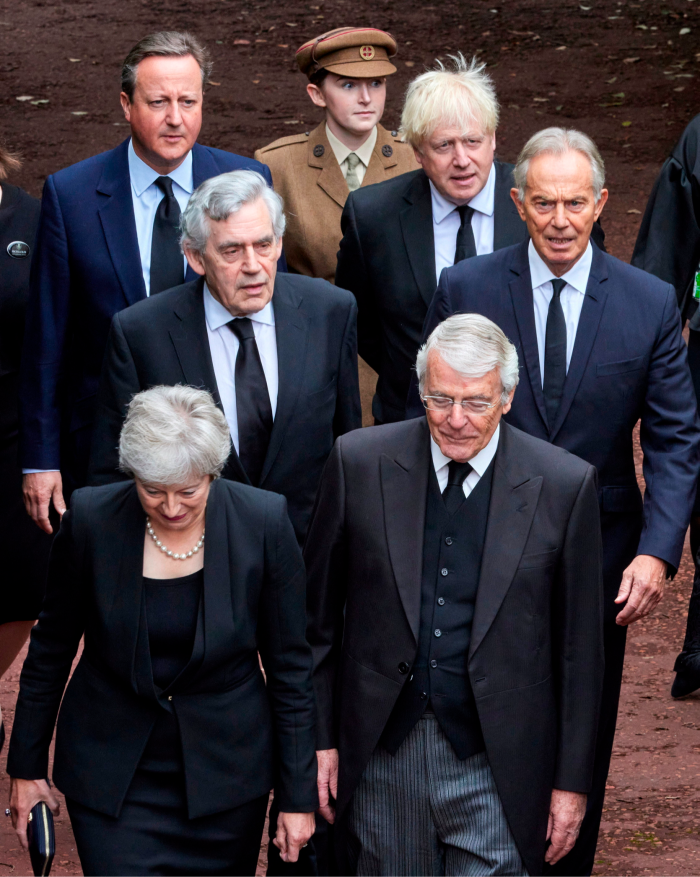 Former UK prime ministers (from front to back, left to right) Theresa May, John Major, Gordon Brown, Tony Blair, David Cameron and Boris Johnson