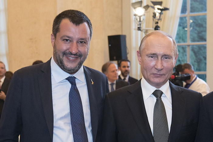 Matteo Salvini with Vladimir Putin in Rome in 2019. The leader of Italy’s League party, a Eurosceptic, has expressed admiration for the Russian president