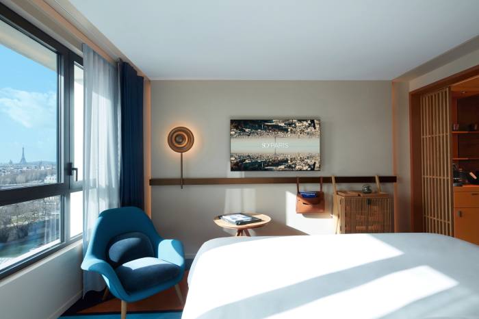 One of the hotel’s ‘Iconic – Paris Skyline’ rooms, with a view towards the Eiffel Twoer