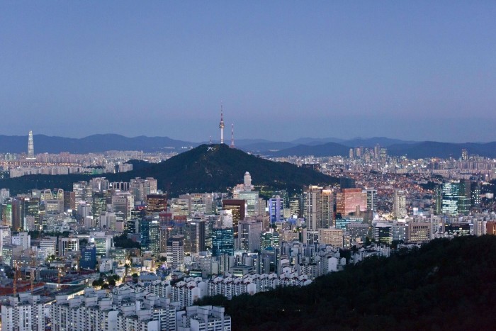 An aerial view of the Namsan tower above central Seoul