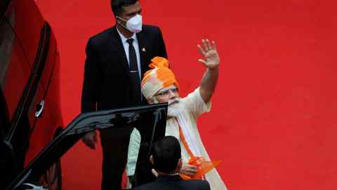 Narendra Modi waves after giving a speech at the historic Red Fort in Delhi on India’s Independence Day, August 15 2020
