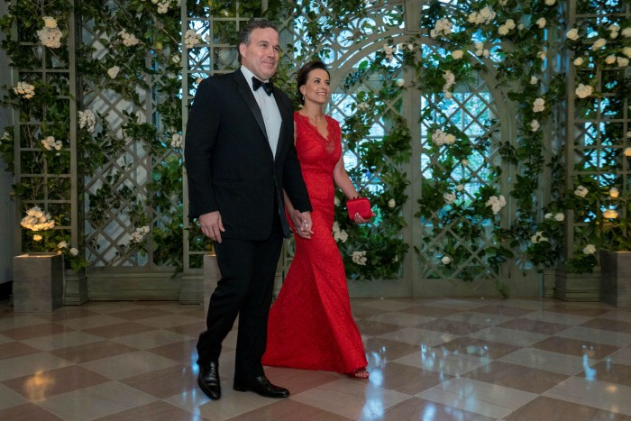 Dina Powell and David McCormick arrive for a State dinner at the White House in Washington, DC