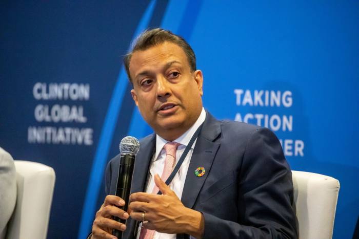 Sumant Sinha, founder and chief executive of ReNew Power speaking at a meeting in New York