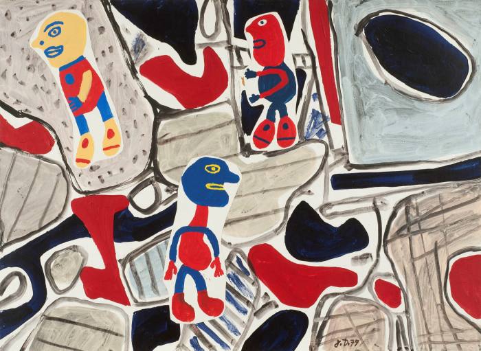 Cartoonish blue, red and yellow figures against a blotchy abstract background
