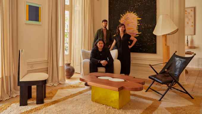 From left: Minjae Kim, Olivier Garcé and Clio Dimofski at Garcé & Dimofski gallery in Lisbon, with Kim’s Ionic coffee table and Ionic floor lamp