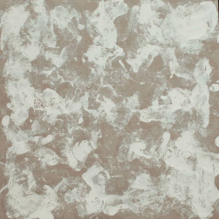 A concrete-coloured square painting covered in white paint splotches