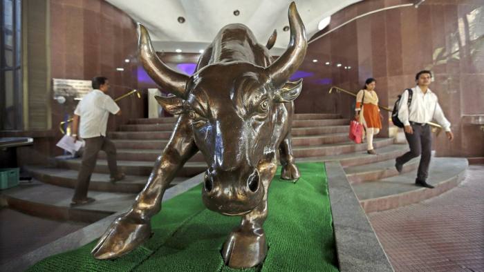Bronze statue of a bull at the Bombay Stock Exchange, Mumbai, India