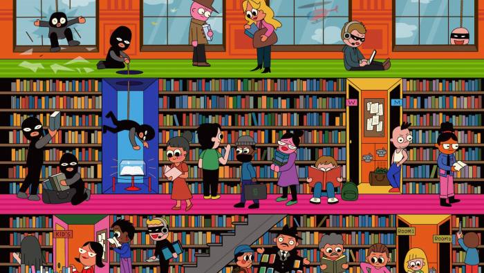 Una escena de biblioteca de dibujos animados con algunos ladrones enmascarados