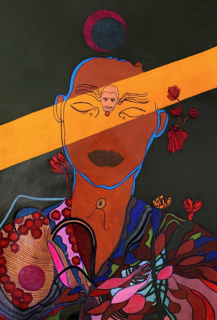 Painting of a woman surrounded by flowers with a bright orange beam over her eyes