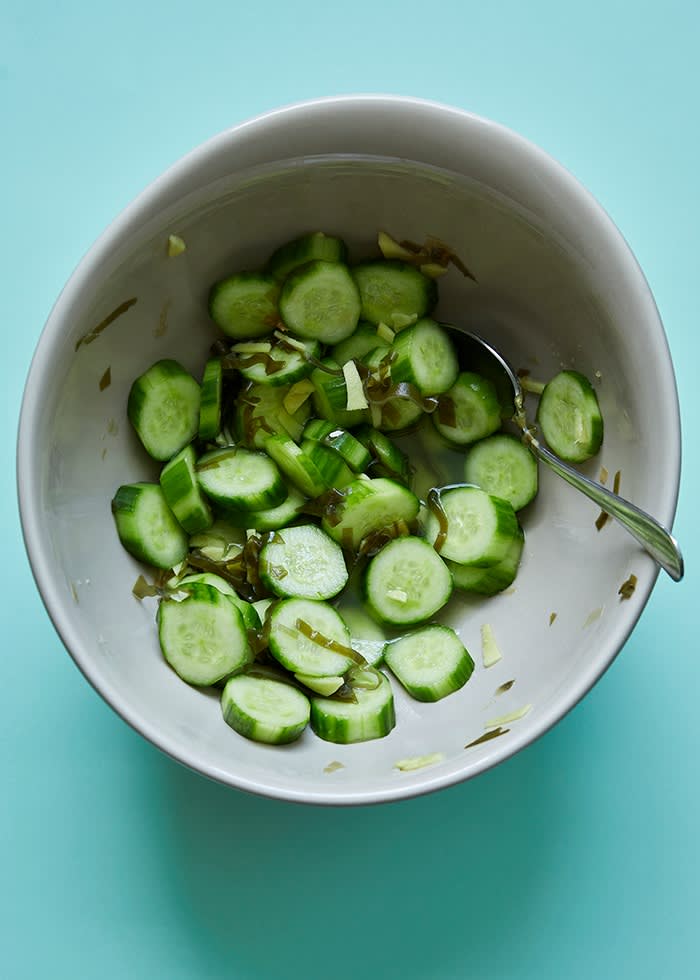 A bowl of pickled cucumbers