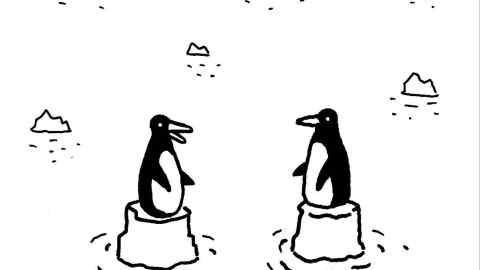 Illustration of two penguins ‘talking’, each on top of a chunk of melting ocean ice