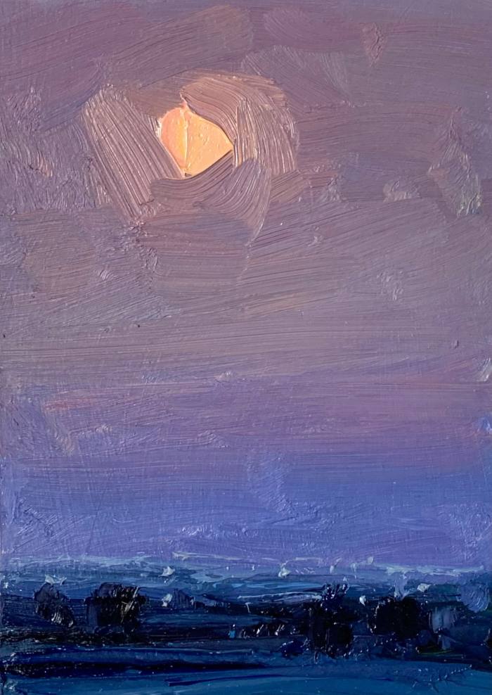 Thick oil painting of a yellow moon against a mauve-blue sky