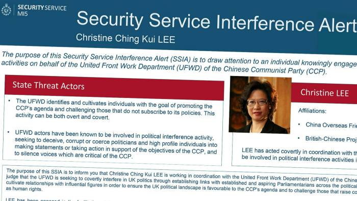 MI5's Disorder Warning Document Regarding Christine Lee
