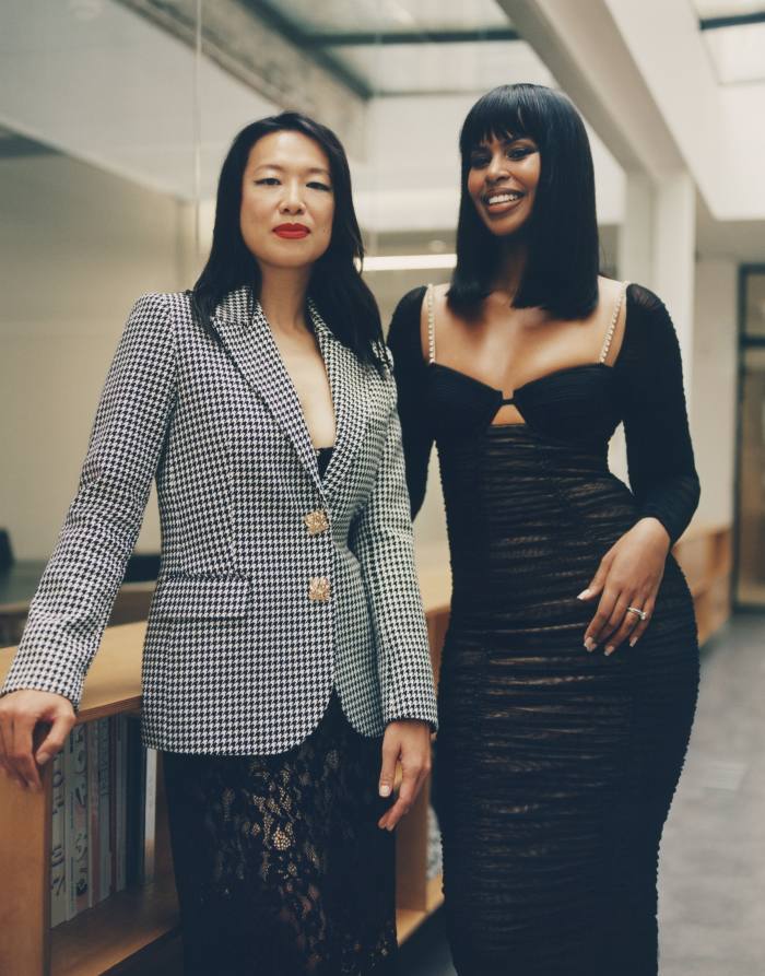 Left to right: Rosey Chan wears a Self-Portrait wool blazer, £380, and a lace maxi dress, £380.  Sabrina Elba wears Self-Portrait Mesh Midi Dress, £360
