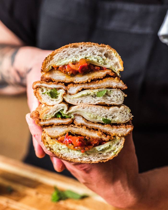 The Anna, with chicken cutlet, provolone, pickled sweet pepper relish, pesto and aioli