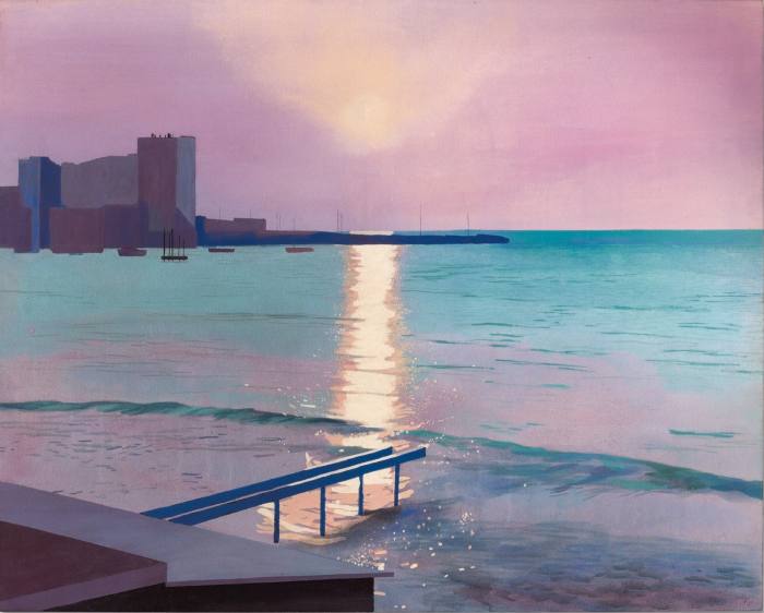 Painting of a sunset. The sky is mauve, the sea blue, the sun’s reflection a strong yellow line