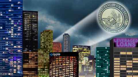 James Ferguson illustration of a city skyline at night with a securities and exchange commission logo beamed from a spotlight onto the sky above skyscrapers, one featuring a Ripple logo, another Terraform and a third with ‘Leveraged Loans’.