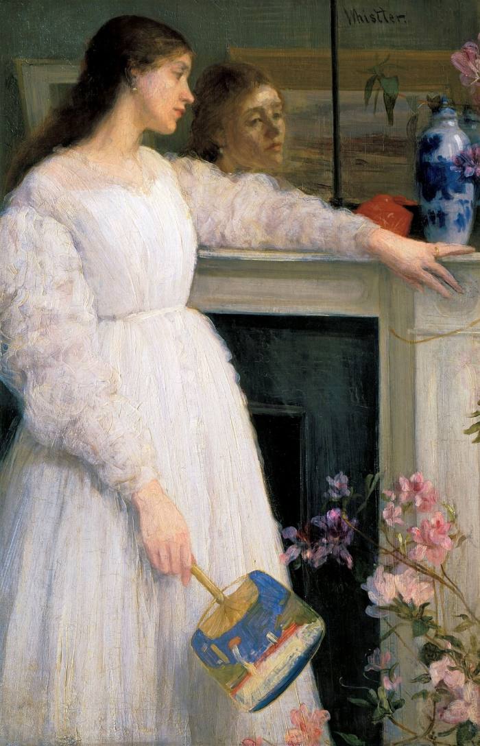A woman in white holds a fan and gazes into a mirror above a fireplace, her wistful reflection